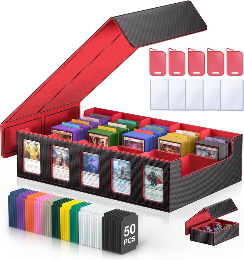 MORCCO Trading Card Storage Box 5-Row 3900+ Capacity,TCG MTG Card Case with Magnetic Lid & Commander Display,Top Loader Storage for Sports Cards,Includes Dividers Dice Box（Black＆Red） - Image 1